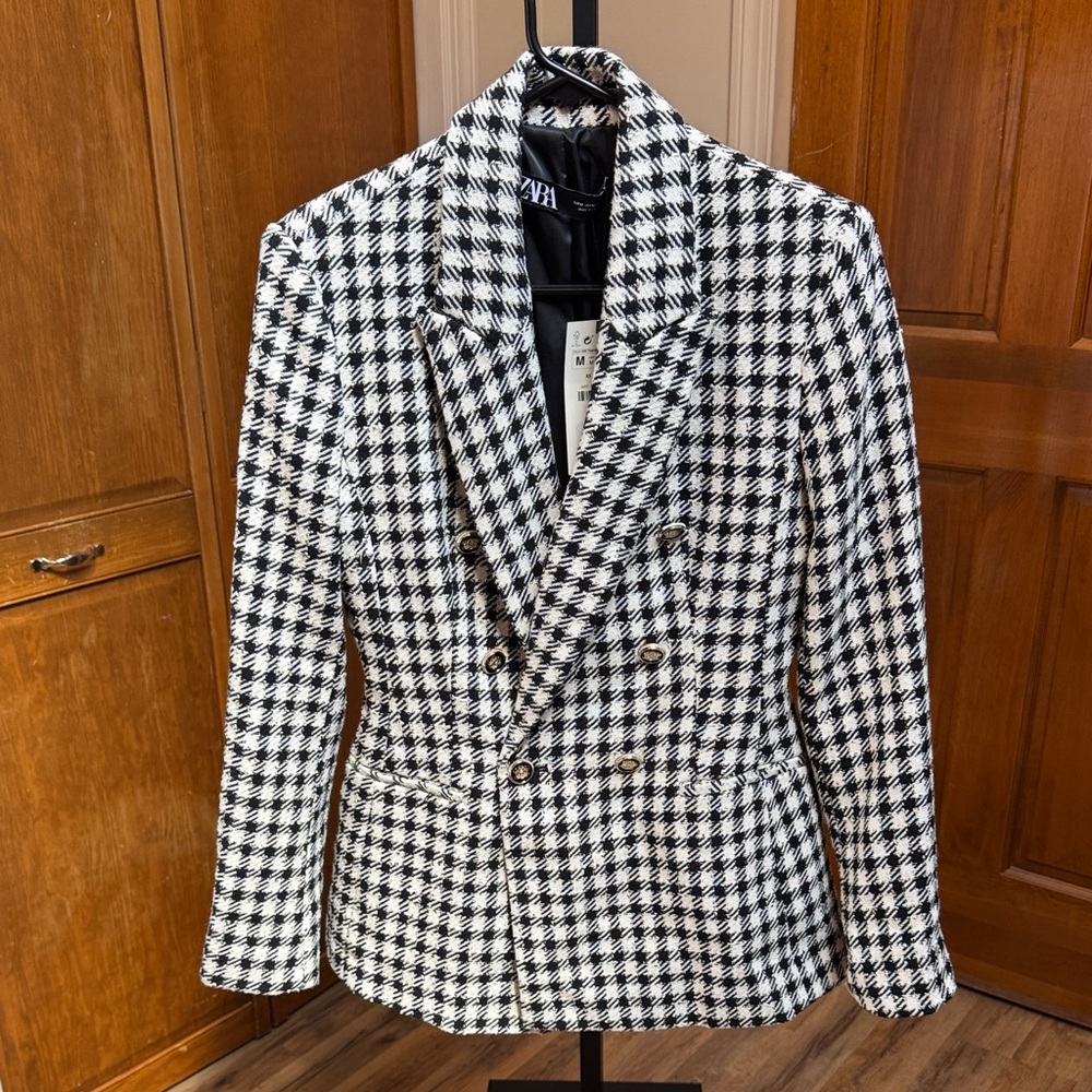 Zara Black and White Houndstooth Blazer